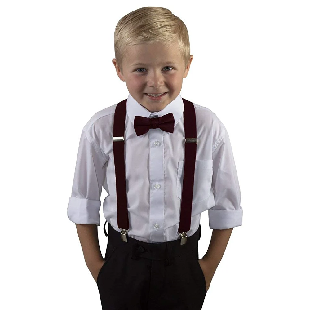 Boys Kids Plain Maroon Suspender Bow Tie Set