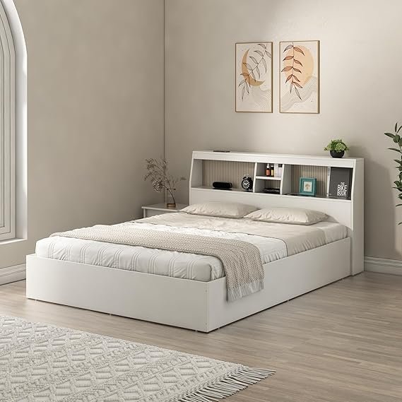 Soni Art Exports White Color Caprio Dimond White Solid Wood Bed 80x64x36 Inch