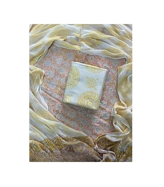 Trendy Hand Block Cotton Suits With Ciffion Dupatta