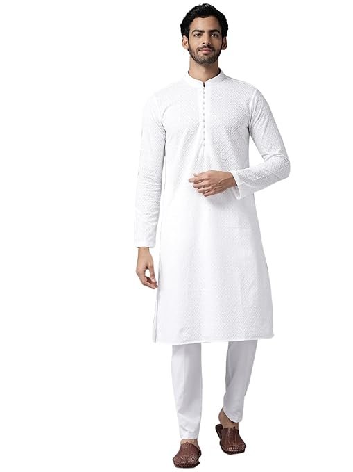 Mens White Cotton Kurta Pajama