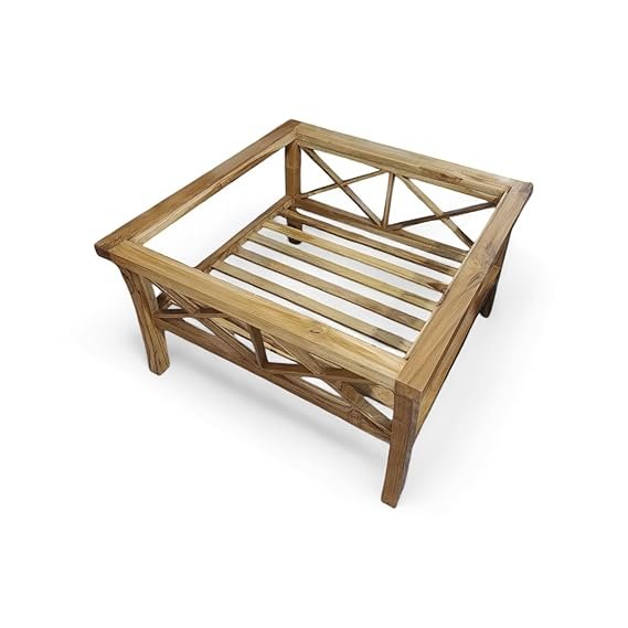 Railway Sleeper Square Wood Curved Toughened Glass Top Metal Coffee Table