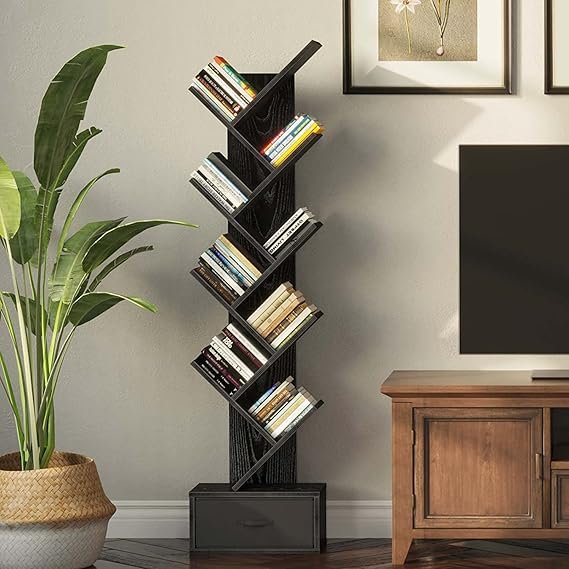 pine and black solid wood bookcase