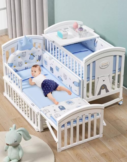 12 in 1 Sleeping Baby Wooden Cot Crib & Baby Bed Convertible Cradle (Basic Wood With Bumper Set)