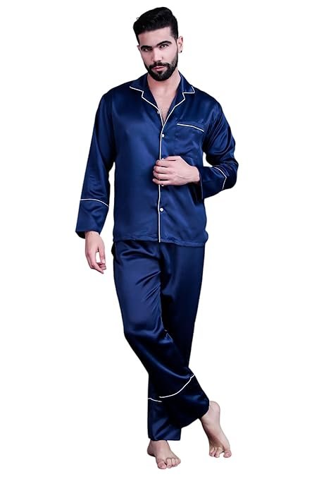 Men Navy Blue Printed Nightsuit Set
