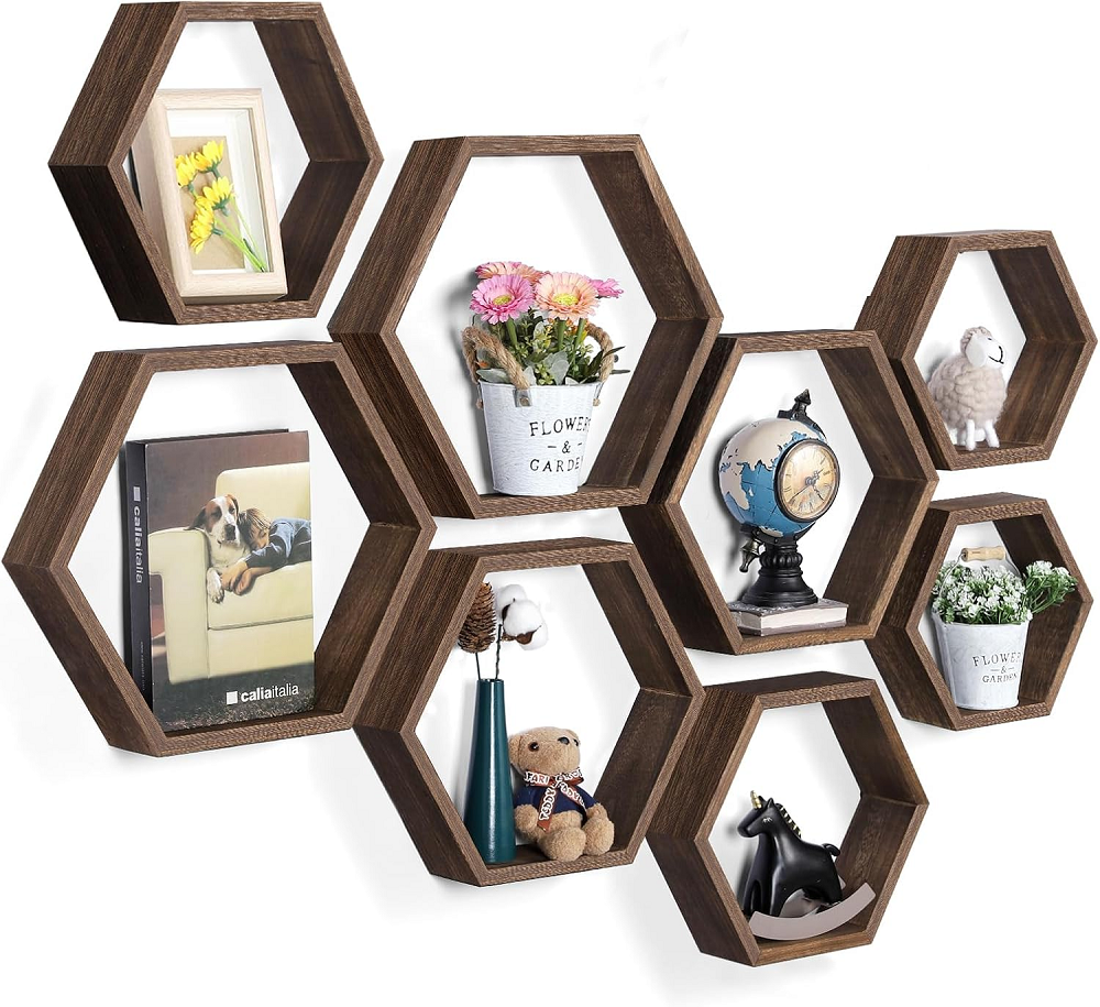 Polished Wooden Hexagon Book Racks, Wall Mount, 8 Shelves