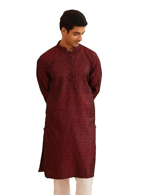 Men Maroon Silk Cotton Kurta