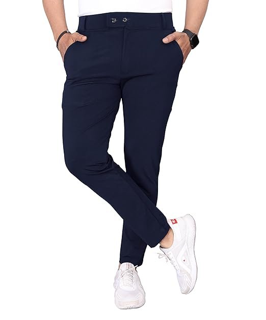 Men Navy Blue Cotton Trouser