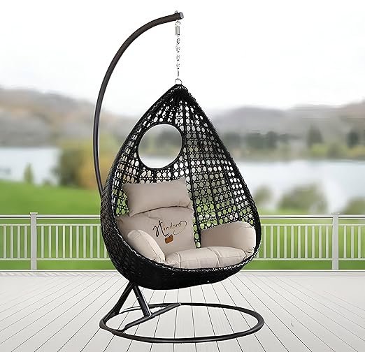 Metal Swing Chair (Without Stand) for Garden Patio Balcony Outdoor Indoor (Black/Beige)